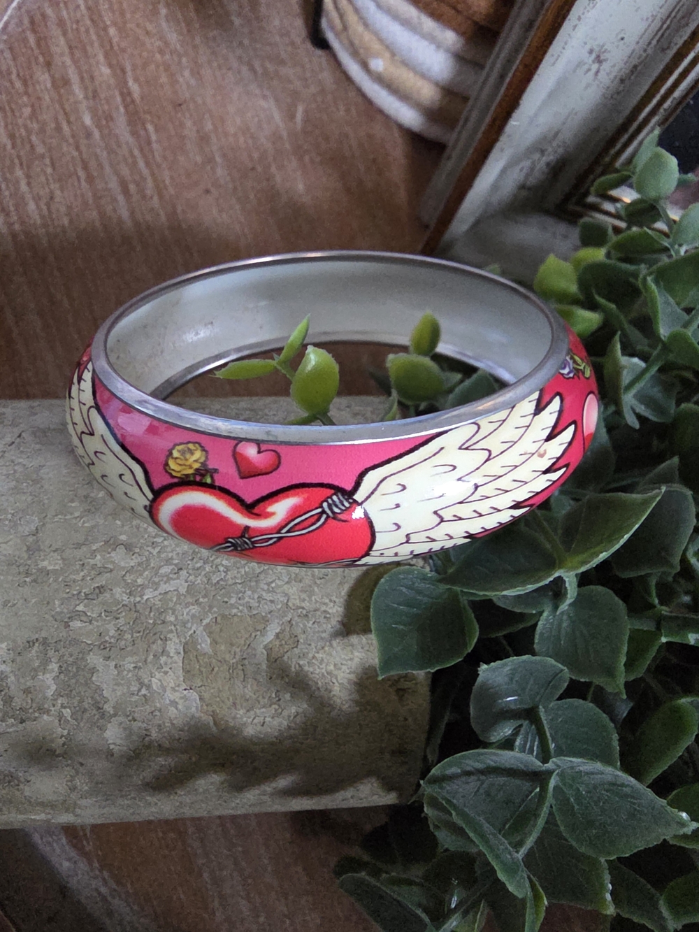 Pink Winged Heart Enamel Bangle Bracelet